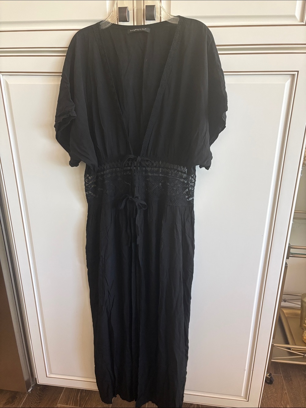 Black long coverup w lace panel at waist and ties